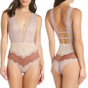 Intimately By Free People Not Yours Bodysuit Womens L Latte Combo Sheer Lace
